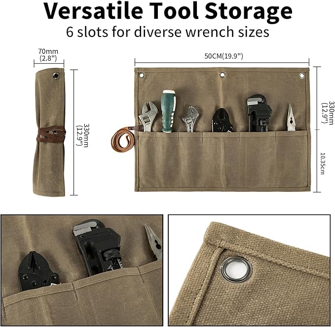 Chisel Roll,Small Tool Roll Pouch,Tool Roll Bag Organizer, Heavy Duty Waxed Canvas Tool Bag, Multi-Purpose Roll-Up Storage Bag for Hand Tools Holder with 6 Pockets Wrench Roll Up Pouch