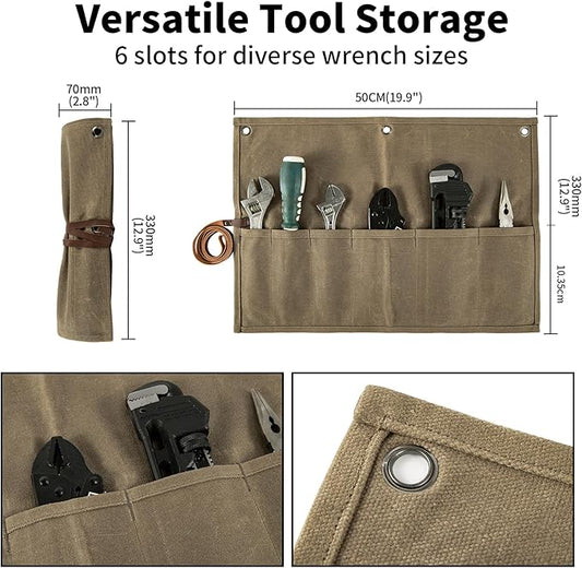 Chisel Roll,Small Tool Roll Pouch,Tool Roll Bag Organizer, Heavy Duty Waxed Canvas Tool Bag, Multi-Purpose Roll-Up Storage Bag for Hand Tools Holder with 6 Pockets Wrench Roll Up Pouch