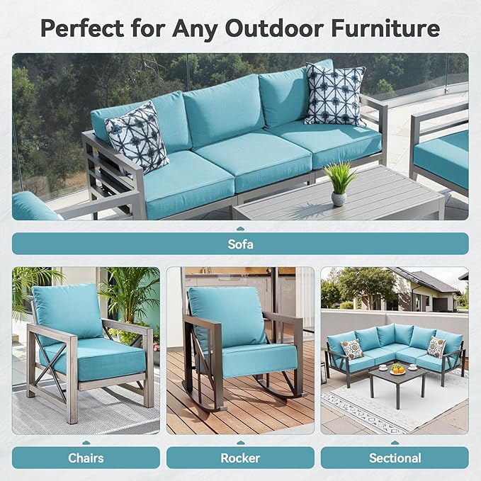 Luxury 6" Outdoor Cushions for Patio Furniture, 24x24x6" Thick Seat Cushion Set of 7, Fade Resistant Couch Chair Replacement Cushions High Density Deep Wicker Chair Cushion w/ Removable Cover, Teal