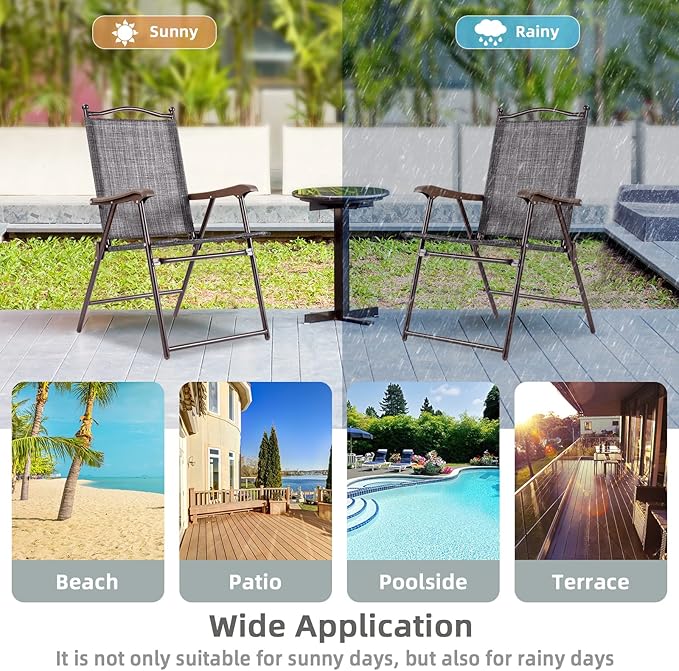 Tangkula Set of 4 Patio Folding Dining Chairs, Outdoor Sling Lawn Chairs with Armrests, Steel Frame, Portable Camping Lounge Chairs for Backyard, Deck, Poolside and Garden, No Assembly (2, Grey)