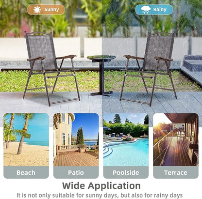 Tangkula Set of 4 Patio Folding Dining Chairs, Outdoor Sling Lawn Chairs with Armrests, Steel Frame, Portable Camping Lounge Chairs for Backyard, Deck, Poolside and Garden, No Assembly (2, Grey)