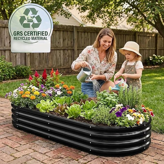 Rakukiri Raised Garden Bed GRS Certified Galvanized Planter Box Outdoor, 8ft Oval Rot-Resistant Metal Garden Bed Planter, Recycled Material Planter for Vegetables Flowers Herbs (Black)