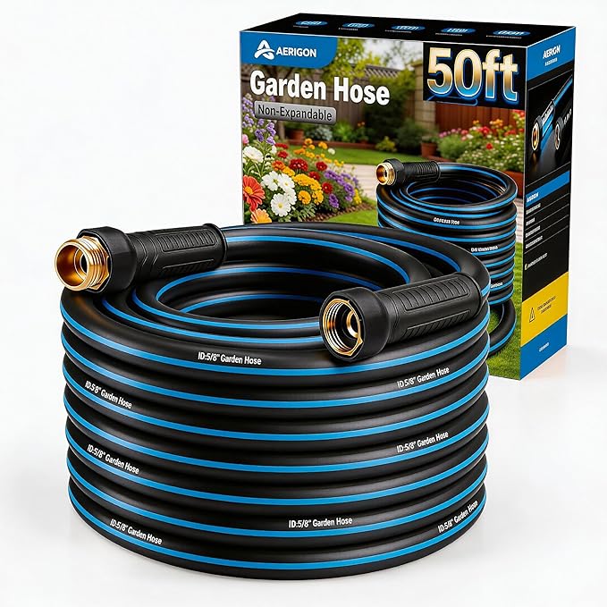 Garden Hose 50FT Non-expandable Heavy Duty, Kink-free Flexible Water Hose, Leak-proof Hybrid Pipe with Brass Fittings for Garden, Car Washing & Household Cleaning