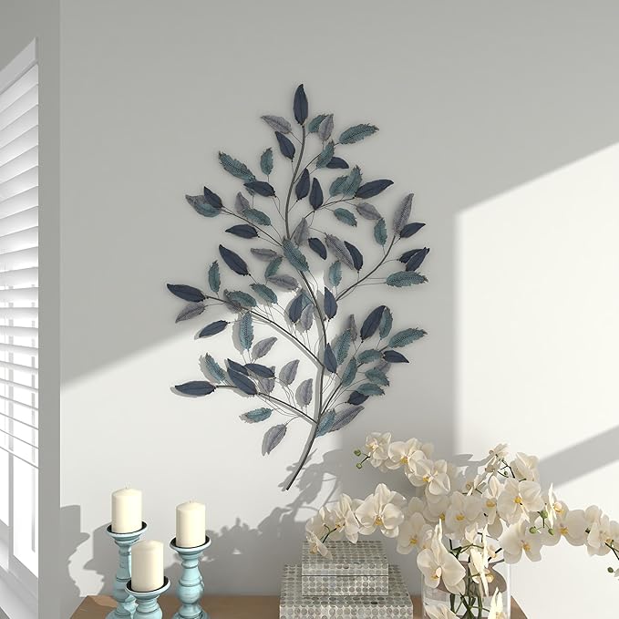 Deco 79 Metal Leaf Home Wall Decor Wall Sculpture with Black Stems, Wall Art 31" x 2" x 45", Blue