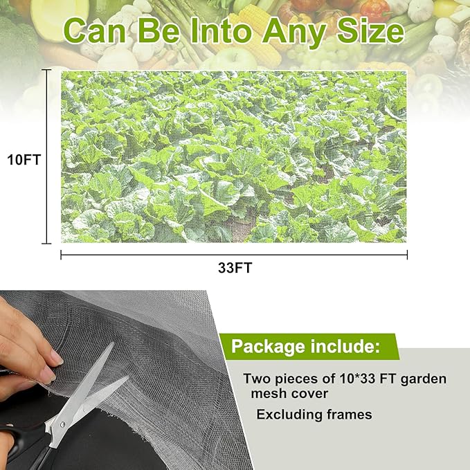 RIFNY Garden Netting, 2 Pack 10x33Ft Ultra Fine Mesh Netting Pest Barrier Protection Bird Mosquito Net Plants Cover for Vegetables Fruits Flowers Crops Greenhouse Row Cover Raised Bed Patio