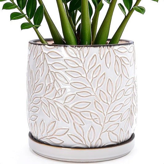 D'vine Dev 10 Inch Embossed Leaves Stoneware Planter Pot with Drainage Hole and Saucer, Smoked White, 27-A-P-1