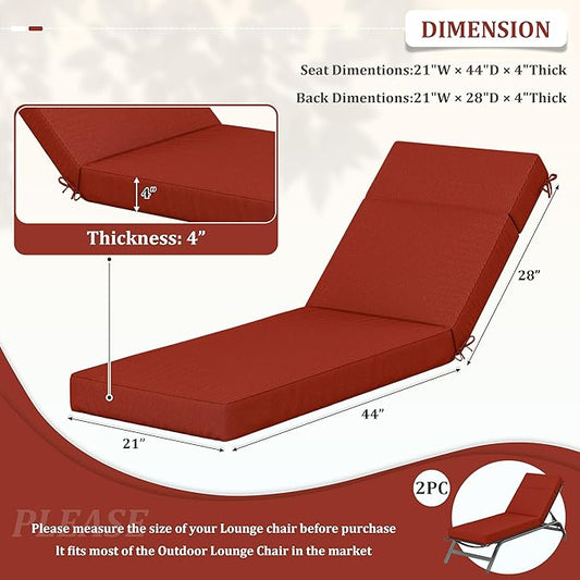 2 Pcs Chaise Lounge Cushions Outdoor, 72" L X 21" W X 4" D Lounge Chair Cushions for Outdoor Furniture, High-Density Foam Patio Chaise Cushion-Waterproof Fade-Resistant ThickPatio lounge chair cushion