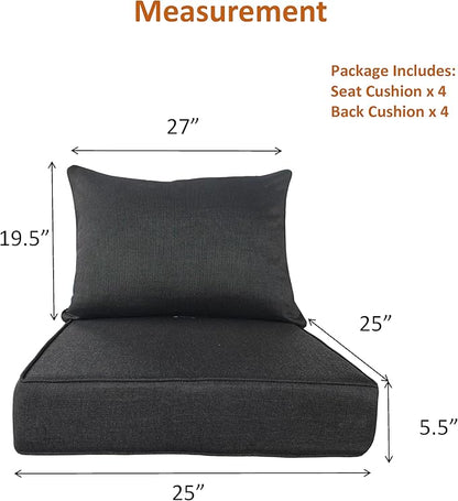 Outdoor Patio Furniture Replacement Cushions,25X25X5 Inch Deep Seat Chair Seat Back Cushion Set,All Weather Breathable Sectional Cushions for Patio Furniture Couch Loveseat,Black 4PCS