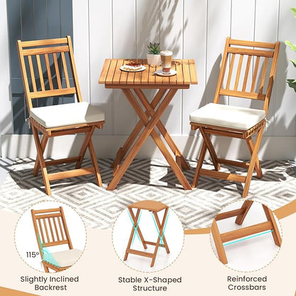 KOTEK Outdoor Folding Bistro Set, 3 Pieces Acacia Wood Bistro Set with Soft Cushions, Patio Bistro Table and Chairs for Backyard, Porch, Poolside (Vertical Slats)