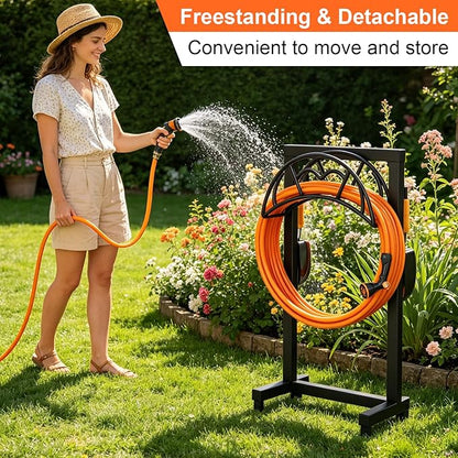 VyGrow Garden Hose Holder, Freestanding Heavy Duty Water Hose Holder for Outside, Upgraded Metal Hose Stand with 4 Spikes, Detachable Garden Hose Storage Hose Reel Rack, Black
