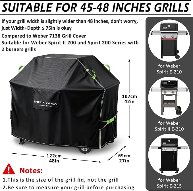 ROCKTAKIN Heavy Duty Grill Cover, BBQ Gas Grill Cover for Outdoor, Waterproof UV & Fade Resistant Windproof Barbecue Cover with Air Vents for Weber Charbroil Nexgrill and More (48" L x 27" W x 42" H)