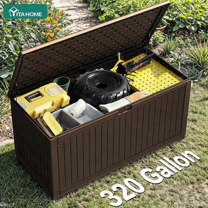 YITAHOME 320 Gallon Double-Wall Deck Box with Divider & Side Handles, Outdoor Large Storage for Patio Furniture Cushions, Garden Pool Accessories, Water Resistant & Lockable, Dark brown