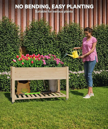 GarveeHome Raised Garden Bed 48x24x32 in Mobile Elevated Wood Planter Raised Beds w/Lockable Wheels, Storage Shelf, and Protective Liner for Indoor/Outdoor Gardening,Natural