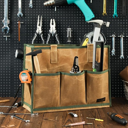 Heavy-Duty 16oz Waxed Canvas Tool Tote Bag - Water-Resistant Wide Mouth Organizer with Reinforced Handle | Large Capacity Tool Storage for Wrenches (16.5" x 12.5" x 6.5", Khaki)