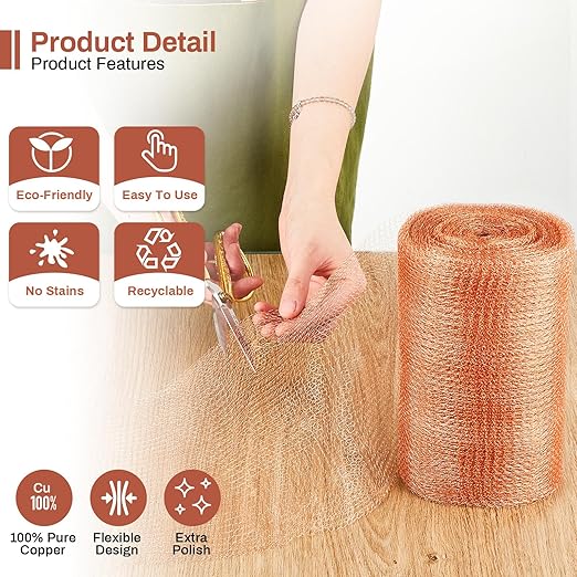 Gisafai 12'' x 32 ft Copper Mesh Rodent Control Copper Wool for Slugs Rustproof DIY Hole Filler Pure Wire Mesh for Bat Snail Bird Pest Rodent Control Gap Blocker Fill Fabric Hole Gardening (1 Roll)