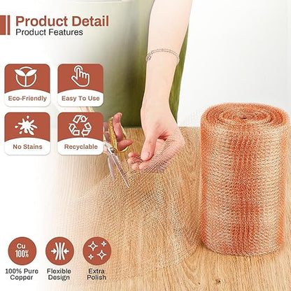 Gisafai 12'' x 32 ft Copper Mesh Rodent Control Copper Wool for Slugs Rustproof DIY Hole Filler Pure Wire Mesh for Bat Snail Bird Pest Rodent Control Gap Blocker Fill Fabric Hole Gardening (1 Roll)