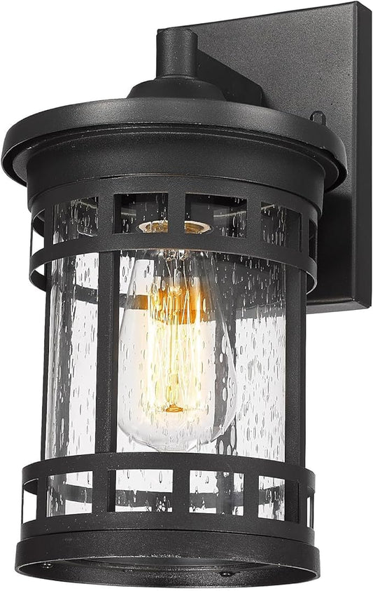 Bestshared Outdoor Wall Mount Lantern Anti-Rust Porch Light Fixtures Waterproof Wall Lamp Light Seeded Glass Exterior Sconce Lighting for Porch Patio Garage Front Door Entryway (Black, 12 Inch Height)