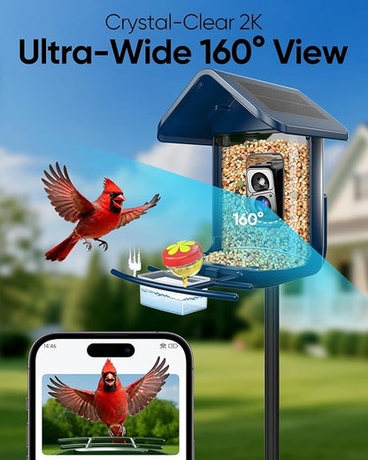 Bird Feeder with Camera Solar Powered - Smart Bird Feeder Camera 2K HD Live Stream, 5MP Photos, AI Identification for Backyard, 2.4Lb Large Capacity, Gifts for Mom Dad, Blue