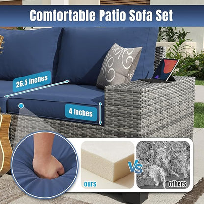 Aoxun 13 Pieces Patio Furniture Set with 44” Fire Pit Table Wicker Rattan Outdoor Sectional Conversation Set with Coffee Table and 4” Thickened Cushions, Gray/Blue(Waterproof Cover Included)