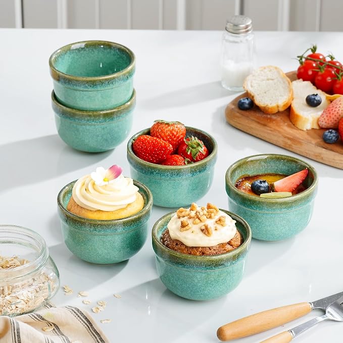 Henten Home 6 oz Ramekins Set Oven Safe, Ceramic Creme Brulee Ramekins Set of 4, Baking Cups for Pudding, Souffle, Ice Cream, Snack, Dipping (Green)