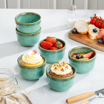 Henten Home 6 oz Ramekins Set Oven Safe, Ceramic Creme Brulee Ramekins Set of 4, Baking Cups for Pudding, Souffle, Ice Cream, Snack, Dipping (Green)