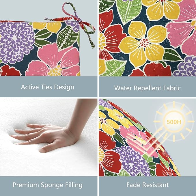 LVTXIII Outdoor Seat Cushions Set of 2 Square Corner Chair Cushions with Ties, Patio Chair Pads for Home Office and Patio Garden Furniture Decoration 18.5"x16"x2", Flower Bloom