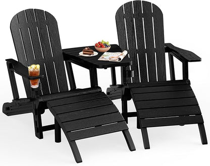 JY QAQA Outdoor Adirondack Chair Set of 2 with Detachable Table & Ottoman, All-Weather HDPE Patio Furniture with Wood Texture & Cup Holder for Patio, Poolside, Garden, Black