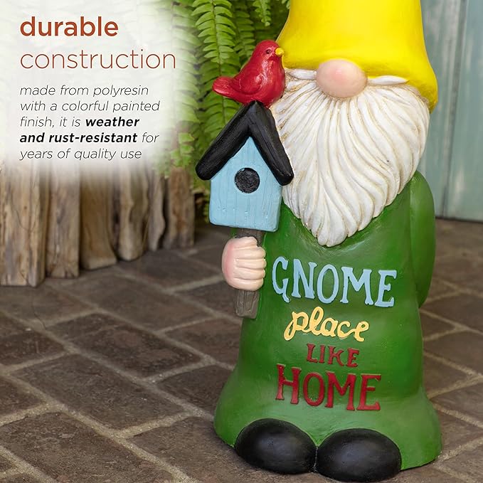 Alpine Corporation 24" Tall Outdoor Yellow Hat Place Like Home Gnome Statue Holding Bird House, Weatherproof Garden Decor