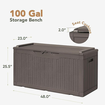 Flamaker Deck Box with Cushion 98 Gallon Waterproof Resin Storage Box with Air Rod Indoor Outdoor Lockable Storage Bench for Patio Furniture, Tools, Pool Accessories (Deep Brown)