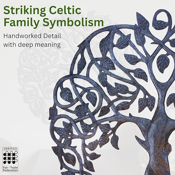 Tree of Life Metal Wall Art, Contemporary Iron Artwork Decor, Celtic Family Trees, 23 In. x 23 In. Round Modern Plaque, Handmade in Haiti,Fair Trade Certified, Signed By Wilson Etienne
