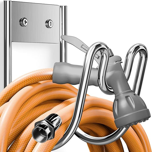 Stainless Steel Garden Hose Holder - Silver SS304 Water Hose Holder - Wall Mounted Hose Hanger Heavy Duty for Water Hose Extension Cords Vacuum Hose, Anti-Rust (1 Pack)