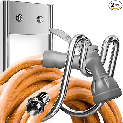 Stainless Steel Garden Hose Holder - Silver SS304 Water Hose Holder - Wall Mounted Hose Hanger Heavy Duty for Water Hose Extension Cords Vacuum Hose, Anti-Rust (2 Pack)