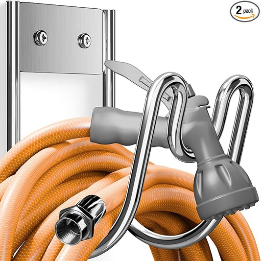 Stainless Steel Garden Hose Holder - Silver SS304 Water Hose Holder - Wall Mounted Hose Hanger Heavy Duty for Water Hose Extension Cords Vacuum Hose, Anti-Rust (2 Pack)