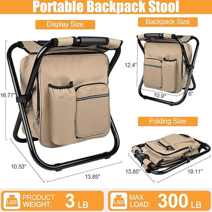 Kikerike Backpack Stool Cooler Chair Heavy Duty 300 LBS Max Load Portable Lightweight Stool Backpack Folding Fishing Cooler Seat for Camping Hunting Fishing - Sand
