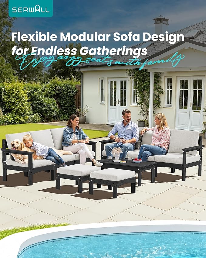 SERWALL 9 Pieces Patio Furniture Set with 15FT Double Side Patio Umbrella, HDPE Outdoor Sectional Sofas, Outdoor Couch Set, Large Modular Conversation Set for Garden, Black Frame with Khaki Cushion