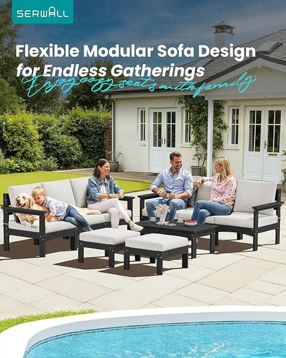 SERWALL 9 Pieces Patio Furniture Set with 15FT Double Side Patio Umbrella, HDPE Outdoor Sectional Sofas, Outdoor Couch Set, Large Modular Conversation Set for Garden, Black Frame with Khaki Cushion
