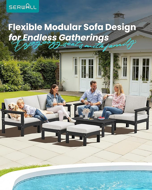 SERWALL 9 Pieces Patio Furniture Set with 15FT Double Side Patio Umbrella, HDPE Outdoor Sectional Sofas, Outdoor Couch Set, Large Modular Conversation Set for Garden, Black Frame with Khaki Cushion