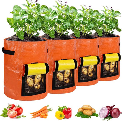 JJGoo Potato Grow Bags, 4 Pack 10 Gallon with Flap and Handles Planter Pots for Onion, Fruits, Tomato, Carrot - Orange