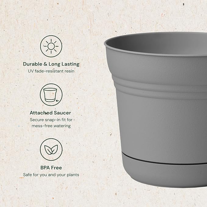 Bloem Saturn 7" Charcoal Round Resin Planter Pot with Snap-in Saucer for Indoor and Outdoor Gardening, 4-Pack