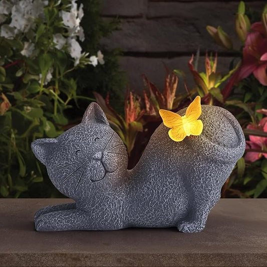 Solar Garden Statue with Glowing Butterfly, Outdoor Resin Cute Figurine with Solar Light, Waterproof Yard Decor for Patio, Lawn, Porch, and Unique Garden Gifts for Lovers (solar cat statue gray)