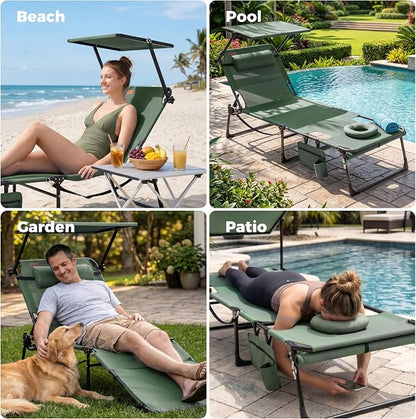 Tanning Chair with Face Hole & Canopy, 28'' Extra Wide, Green | Folding Chaise Lounge Chair with 4-Position Adjustable Backrest for Beach, Pool, Patio & Camping
