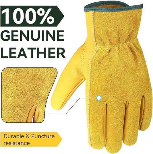 OZERO Leather Work Gloves for Men & Women, 24 Pairs Bulk Genuine Cowhide Garden Gloves, Lab Tested EN388 2143X, Flexible Grip, Breathable Unlined Comfort, Elastic Wrist (Gold, X-Large)