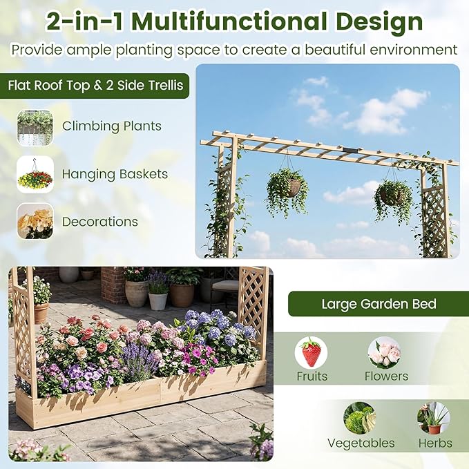 S AFSTAR Raised Garden Bed with Trellis, 2-in-1 Fir Wood Planter Box with Flat Roof & Drainage Holes, Vertical Planter Raised Bed for Climbing Plants, Flowers & Vegetables, 87" x 14" x 45" (Natural)
