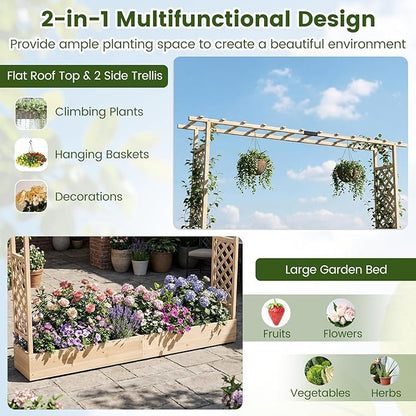 S AFSTAR Raised Garden Bed with Trellis, 2-in-1 Fir Wood Planter Box with Flat Roof & Drainage Holes, Vertical Planter Raised Bed for Climbing Plants, Flowers & Vegetables, 87" x 14" x 45" (Natural)