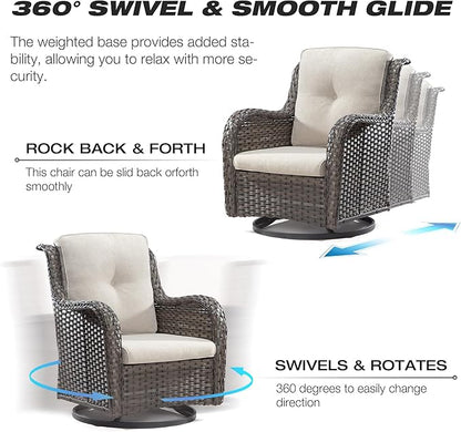 Joyside 5 Piece Outdoor Patio Furniture Set Wicker Conversation Bistro Set Swivel Rocking Chairs with Side Table and Ottomans for Backyard, Porch, Deck(Mixed Grey/Beige)