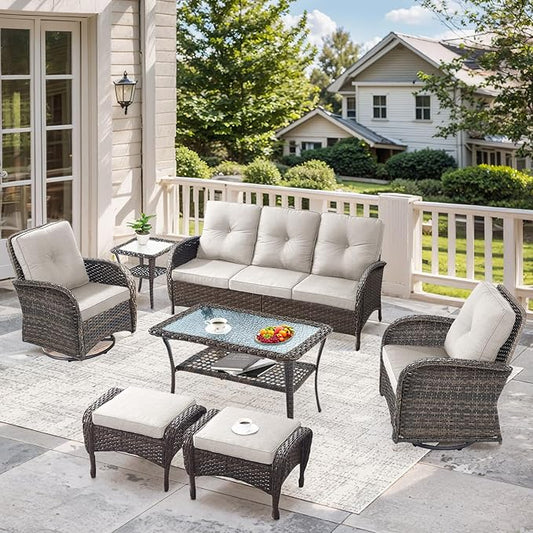 7 Pieces Outdoor Patio Furniture-Swivel Patio Chairs Set of 2 Outdoor Wicker Rattan Sofa Couch with Ottoman Outdoor Conversation Set for Deck Porch Garden Balcony Poolside-Brown/Beige