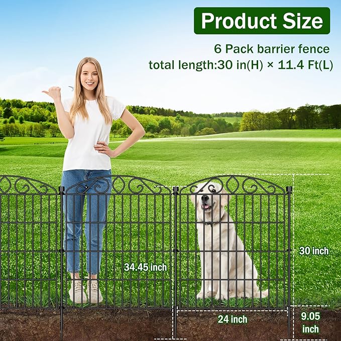No Dig Decorative Garden Fence 6 Panel - 30in H x 11.4 ft L, Tall Animal Barrier for Dogs Rabbits, Rustproof Metal Wire Panels for Yard, Patio, and Outdoor Border Use