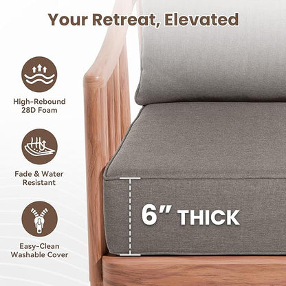 Outdoor Chair Cushions, 6 Inch Thick Patio Seat & Back Cushions Set with Removable Cover, Waterproof Patio Cushions for Outdoor Furniture, 24 x 24 Inch, Gray 1-Set