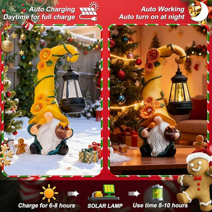 for Mom Grandma Woman 12" Solar Sunflower Gnome Garden Statues Honey Bee Jar Decor with LED Lantern Outdoor Birthday Gnomes Decorations Patio Yard Balcony Art