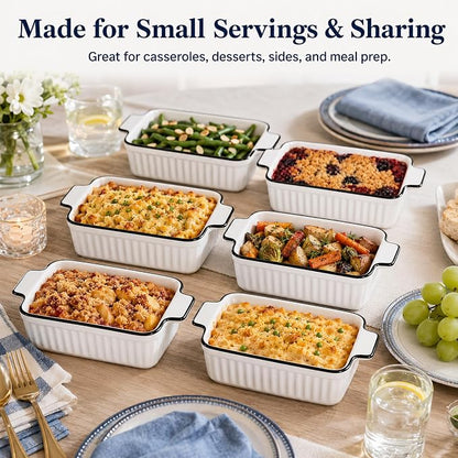 6 Pcs Ceramic Baking Dish, 12 Oz Small Casserole Dish with Handle, Porcelain Bakeware Sets, 5 inch Rectangular Lasagna Pans, Baking Serving Dishes for Casserole, Cakes, Dishwasher Oven Safe